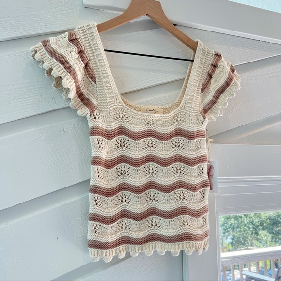 NWT Jessica Simpson Crochet Square Neck Top Y2K Boho Cream Brown XS Blouse - Picture 2 of 4